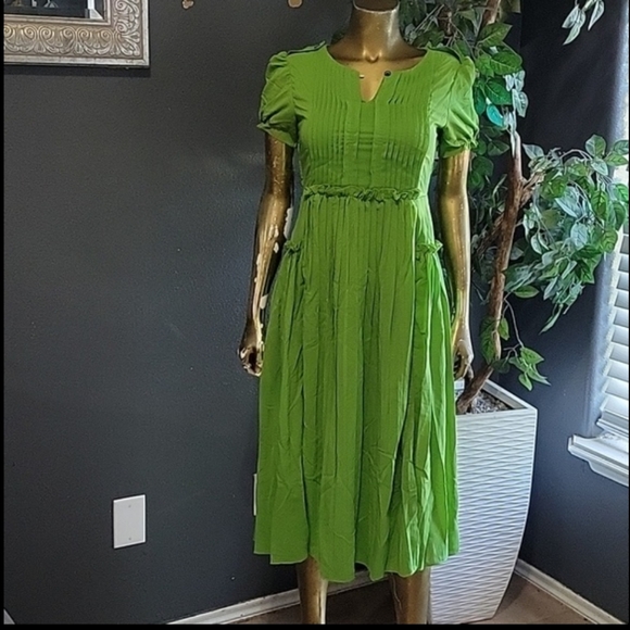 Vintage Retro Lime Green Pleated Midi Dress Size S - Picture 7 of 8